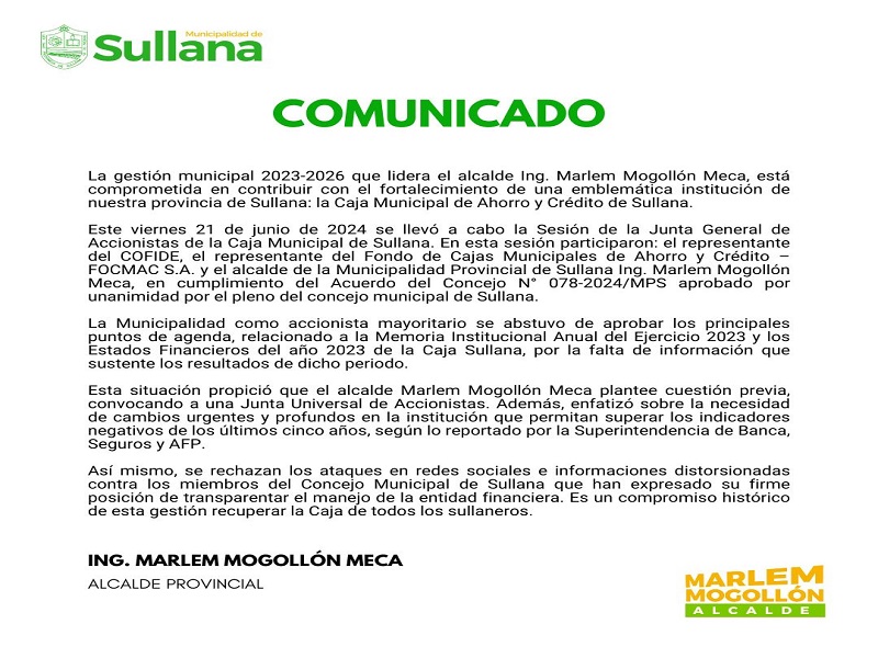 COMUNICADO MUNICIPALIDAD PROVINCIAL DE SULLANA